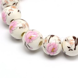 Cuentas de cerámica de la porcelana de la flor hecha a mano impresa hebras, redondo, rosa perla, 10mm, agujero: 2 mm, aproximamente 35 pcs / cadena, 13.5 pulgada