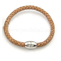 Braided Cowhide Bracelet Making, with Stainless Steel Clasps, High-Polish Futuristic Styles, BurlyWood, 6x177.8mm