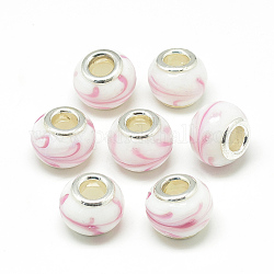 Handgemachte glasperlen murano glas großlochperlen, mit Messing-Doppelkerne, Großloch perlen, Rondell, silberfarben plattiert, creme-weiß, 14~15x10~11 mm, Bohrung: 5 mm