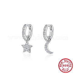 Rhodium Plated 925 Sterling Silver Dangle Hoop Earring, Clear Cubic Zirconia Moon & Star Asymmetrical Earrings, with 925 Stamp, Platinum, 12mm