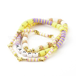 Set di bracciali elasticizzati fatti a mano con perline di argilla polimerica, con perline in ottone e perline in smalto acrilico, felice, giallo, diametro interno: 2-1/8 pollice (5.5 cm), 3 pc / set