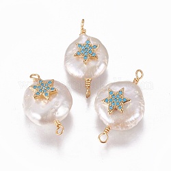 Natural Cultured Freshwater Pearl Pendants, for Jewish, with Cubic Zirconia and Brass Findings, Flat Round with Star of David, Golden, Deep Sky Blue, 19~23x12~14mm, Hole: 1.6mm