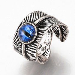 調整可能合金カフ指輪  ガラスパーツ  ワイドバンドリング  ドラゴンの目を持つ羽  ブルー  サイズ9  19mm