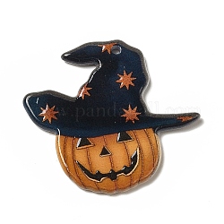 ハロウィンプリントアクリルパーツ  かぼちゃのジャック・オー・ランタン、帽子チャーム付き  カボチャ模様  33x36.5x2.5mm  穴：2mm