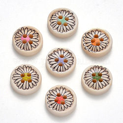 Boutons en bois avec 2 trou, imprimé sur une seule face, plat et circulaire avec fleur, couleur mixte, 15x4mm, Trou: 2mm