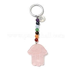 Porte-clés chakra quartz rose naturel, avec des porte-clés fendus en fer et des breloques rondes plates en alliage, Hamsa main, 11.5 cm