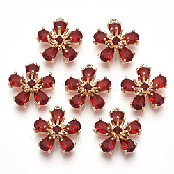 Transparent Glass Pendants, with Golden Tone Brass Findings, Faceted, Flower, Red, 16x14.5x6mm, Hole: 1mm