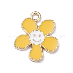 Colgantes de esmalte de aleación, la luz de oro, charm flor con carita sonriente, oro, 21.5x18x1.5mm, agujero: 2 mm