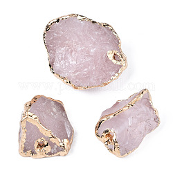 Cuentas de cuarzo rosa natural plateado, con los fornituras de bronce de oro luz, pepitas, 23~28x15.5~28.5x13.5~20.5mm, agujero: 3 mm