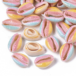 Perles de coquillage cauri naturelles imprimées, pas de trous / non percés, style arc-en-ciel, colorées, 18~21x12~15x7mm