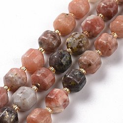 Brins de perles de jaspe fleur de prunier naturel, avec des perles de rocaille, tambour à barillet bicône à facettes, 9~10mm, Trou: 1.2mm, Environ 29~32 pcs/chapelet, 14.45~14.84 pouce (36.7~37.7 cm)