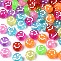 Perles en acrylique transparente, rond plat avec visage souriant en émail, couleur mixte, 7x4mm, Trou: 1.6mm, environ 415 pcs/50 g
