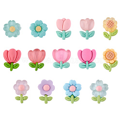 28Pcs 14 Styles Opaque & Translucent Floral Resin Cabochons, Kawaii Resin Cabochons for DIY Jewelry Making Scrapbooking Phone Case Decor Hair Accessories Making Hair Clip, Colorful, 24x17mm, 2pcs/style