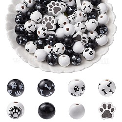 Set di perline di legno verniciate a spruzzo da 75 pz e 8 stili, per fare gioielli, stampa rotonda e zampa di cane, bianco, nero, 15.5~20x15.5~20x4~15.5mm, Foro: 2.6~4 mm