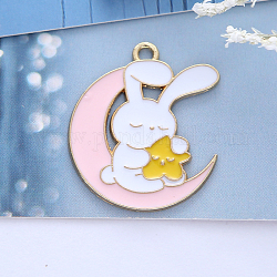 Aleación colgante de esmalte, luna creciente con conejo, para la Pascua, rosa, 25x28mm