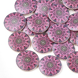 Cuentas de tela de cordón de poliéster, plano y redondo, color de rosa caliente, 30x5mm, agujero: 1 mm