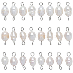 SUNNYCLUE 30Pcs Natural Cultured Freshwater Pearl Connector Charms, Rice Links, with Stainless Steel Color Plated 304 Stainless Steel Double Loops, White, 15x6mm, Hole: 2mm