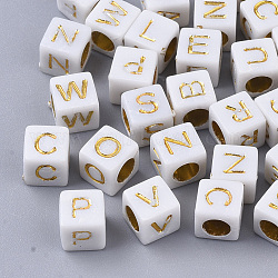 Plated Acrylic Beads, Horizontal Hole, Cube with Random Initial Letter, Gold, 6x6x6mm, Hole: 3.5mm, about 3270pcs/500g