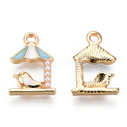 Charms in lega placcata oro chiaro, con smalto e perla imitazione plastica abs, ombrello con uccello, azzurro, 14.5x10x2.5mm, Foro: 1.6 mm