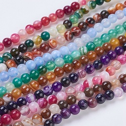 Round Dyed Natural Striped Agate/Banded Agate Beads Strands, Mixed Color, 6mm, Hole: 1mm, about 62pcs/strand, 14.8 inch