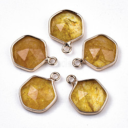 Glas Anhänger / charms, mit hellgoldfarbenen Messingfunden, Hexagon, facettiert, golden, 15x11x4.5 mm, Bohrung: 1.5 mm