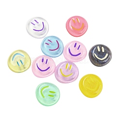 Transparent Resin Glitter Cabochons, Flat Round with Smiling Face, Mixed Color, 25x23.5x6mm