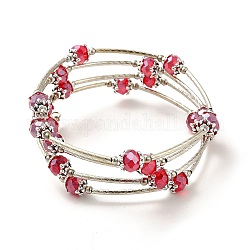 Bracelets enroulés à la mode, avec des perles de verre rondelles, Coupelles de style tibétain , laiton perles de tubes et de fils d'acier de la mémoire, rouge, diamètre intérieur: 55 mm