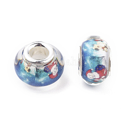 Perles européennes en alliage, imitation lampwork, Perles avec un grand trou   , avec noyaux en laiton plaqué couleur argent, rondelle, lumière bleu ciel, 13.5x8.5mm, Trou: 4.5mm