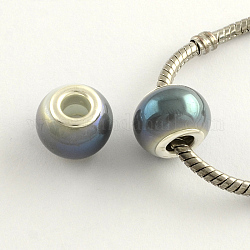 Electroplate Imitation Jade Glass  European Beads, with Silver Plated Brass Double Core, Full Rainbow Plated, Large Hole Rondelle Beads, Slate Gray, 14~15x11mm, Hole: 4.5~5mm