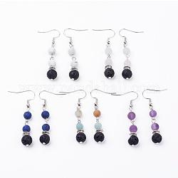Frosted Natural Gemstone Dangle Earrings, with Natural Lava Rock Beads, Brass Earring Hooks and Alloy & Iron Findings, 51mm, Pin: 0.6mm