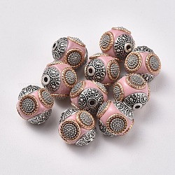 Manuell Indonesiene Perlen, mit Aluminiumkerne, Runde, Antikes Silber & Hellgold, rosa, 14~16x14~16 mm, Bohrung: 1.5 mm