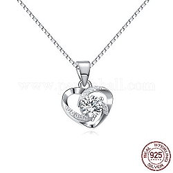 Rhodium Plated 925 Sterling Silver Pendants, with Cubic Zirconia, Heart, Clear, Platinum, 13mm