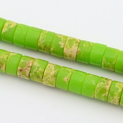 Fili di perle di diaspro imperiale sintetico, tinto, perline Heishi, Rotondo piatto / disco, prato verde, 6~6.5x4mm, Foro: 0.5 mm, circa 100pcs/filo, 15.7 pollice
