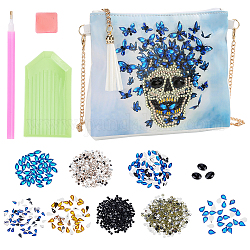 DIY Diamond Painting Stickers Kits, with Diamond Painting Bag, Rhinestones, Diamond Sticky Pen, Tray Plate and Glue Clay, Iron Curb Chain Bag Tape, Skull and Butterfly, Sky Blue, 22~170x22~185x2~13mm, 13pcs/set