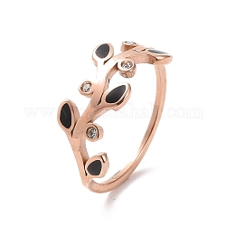 Crystal Rhinestone Leaf Finger Ring with Enamel, Ion Plating(IP) 304 Stainless Steel Jewelry for Women, Rose Gold, US Size 7(17.3mm)