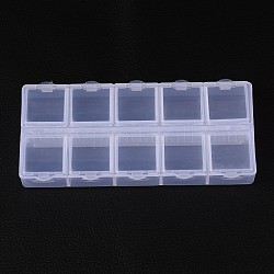Contenedores de abalorios de plástico cuboide, tapa abatible de almacenamiento de cuentas, 10 compartimentos, blanco, 13.2x6.2x2.05 cm