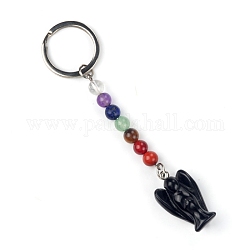 Schlüsselanhänger mit Engelsanhänger aus natürlichem Obsidian, Chakra-Reiki-Energiestein-Perlen-Schlüsselanhänger für Taschenschmuck, Geschenkdekoration, 11 cm