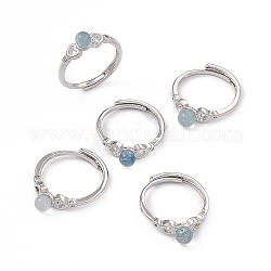 Anillos ajustables corazón aguamarina natural, anillos de dedo de latón en tono platino para mujer, 1.7~5mm, diámetro interior: tamaño de EE. UU. 8 1/4 (18.3 mm)
