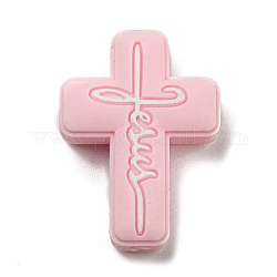 Kreuz mit Wort Jesus Silikon-Fokalperlen, Kauperlen für Beißringe, diy pflege halsketten machen, rosa, 30x22x8 mm, Bohrung: 2 mm