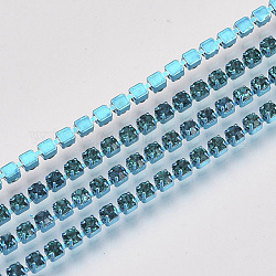 Electrophoresis Iron Rhinestone Strass Chains, Rhinestone Cup Chains, with Spool, Blue Zircon, SS12, 3~3.2mm, about 10yards/roll
