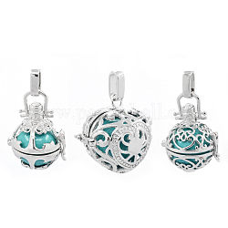 Mixed Styles Brass Cage Pendants, Chime Ball Pendants, with Brass Spray Painted Turquoise Beads, Lead Free & Nickel Free & Cadmium Free, Platinum, 26~30x23~28x19~24mm, Hole: 7x3mm