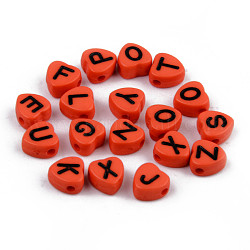 Cuentas de esmalte acrílico opaco, agujero horizontal, corazón con letras negras mezcladas, rojo naranja, 7x7x4mm, agujero: 1.5 mm, aproximamente 3600 unidades / 500 g