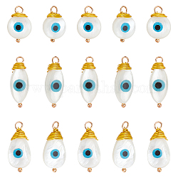 Nbeads 18Pcs 3 Style Freshwater Shell Pendants, with Golden Brass Findings, Flat Round & Teardrop with Evil Eye, Seashell Color, 14~20x7.5~9.5x4~6mm, Hole: 2~3mm, 6pcs/style