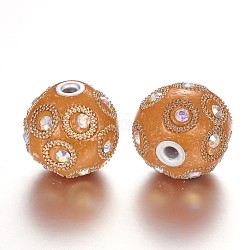 Runde Perlen mit handgefertigten Indonesien, mit Strass und versilberte Legierungskerne, Sandy Brown, 23x21 mm, Bohrung: 3 mm