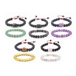 Ensemble de bracelets de perles tressées en pierre naturelle mélangée et roche de lave pour fille femmes, diamètre intérieur: 2-1/8~3.35 pouce (5.3~8.5 cm), 2 pièces / kit