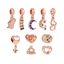 10 pz 10 stili in lega di strass europeo ciondola perline e pendenti con foro grande, con smalto, cuore & colonna & rondelle & rettangolo, oro roso, 1pc / style