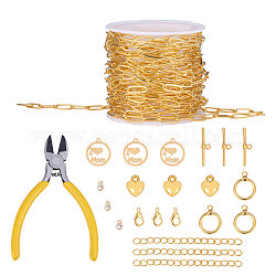 DIY Bracelets & Necklaces Making Kits, include Brass Paperclip Chains & Toggle Clasps & Lobster Claw Clasps, Brass Cubic Zirconia & CCB Plastic Charms, Golden, 11x4.3x0.7mm, 5m/set