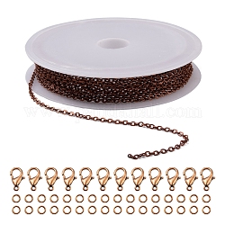 Kit de fabrication de bijoux de chaîne de câble en laiton diy 3m, avec 30pcs anneaux de saut ouverts en fer avec 10pcs fermoirs à griffes de homard en alliage de zinc, cuivre rouge, maillon de chaîne: 2x1.8x0.2mm