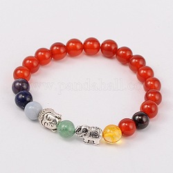 Stretch Buddhist Jewelry Multi-Color Gemstone Chakra Bracelets, with Tibetan Style Beads, Antique Silver, Red Agate, 55mm