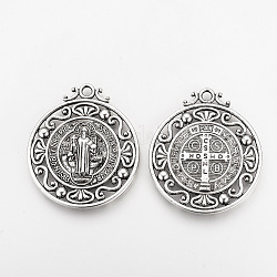 Tibetan Style Alloy Pendants, Flat Round, Cadmium Free & Lead Free, CssmlNdsmd Cross God Father Religious Christianity Pendant, Antique Silver, 45x40x3mm, Hole: 3mm